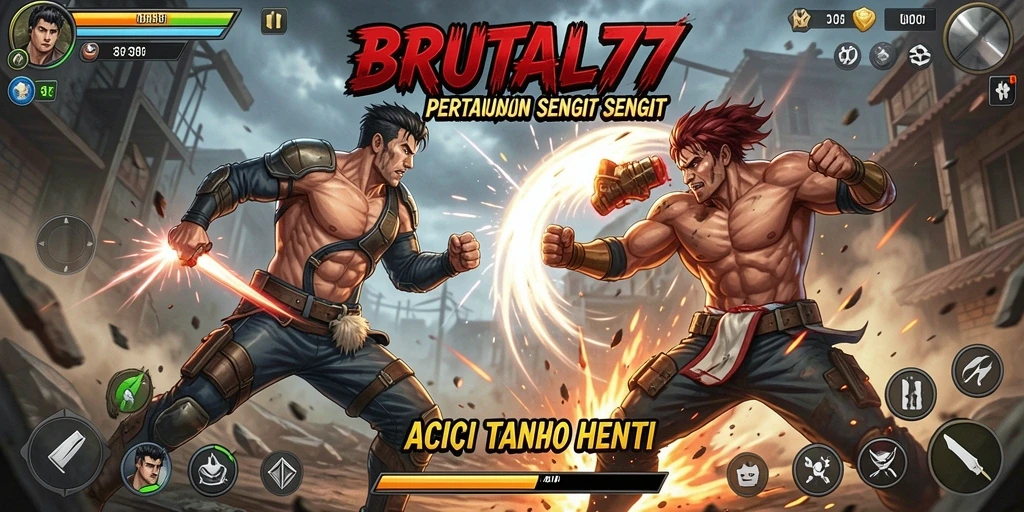 Screenshot menunjukkan pertarungan seru dalam BRUTAL77 dengan karakter dinamis.