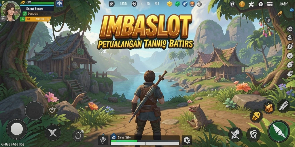 Screenshot menunjukkan karakter utama menjelajahi hutan lebat dalam IMBASLOT.