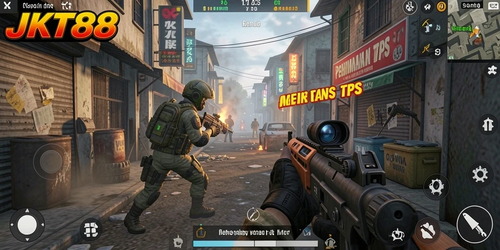 Tangkapan layar JKT88 menampilkan aksi tembak-menembak seru dalam gameplay TPS.