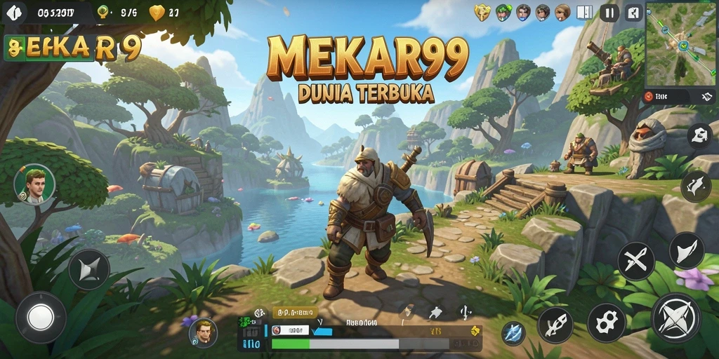 Screenshot gameplay MEKAR99 menampilkan petualangan di dunia terbuka yang luas.