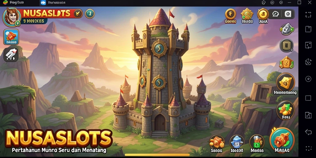 Tangkapan layar gameplay NUSASLOTS yang menampilkan menara pertahanan yang sedang disiapkan.