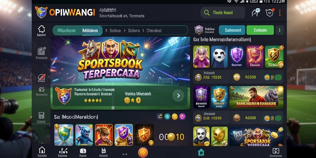 Screenshot utama menunjukkan pengguna sedang bertaruh di aplikasi Sportsbook.